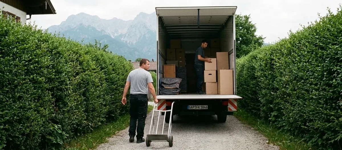 Umzugswagen auf einer schmalen Stichstraße, ein Träger geht mit leerer Sackkarre zurück