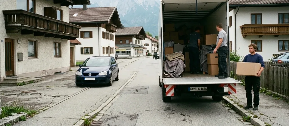 Umzugswagen hält halb auf dem Bordstein einer Ortsdurchfahrt, ein Träger wartet mit einem Karton