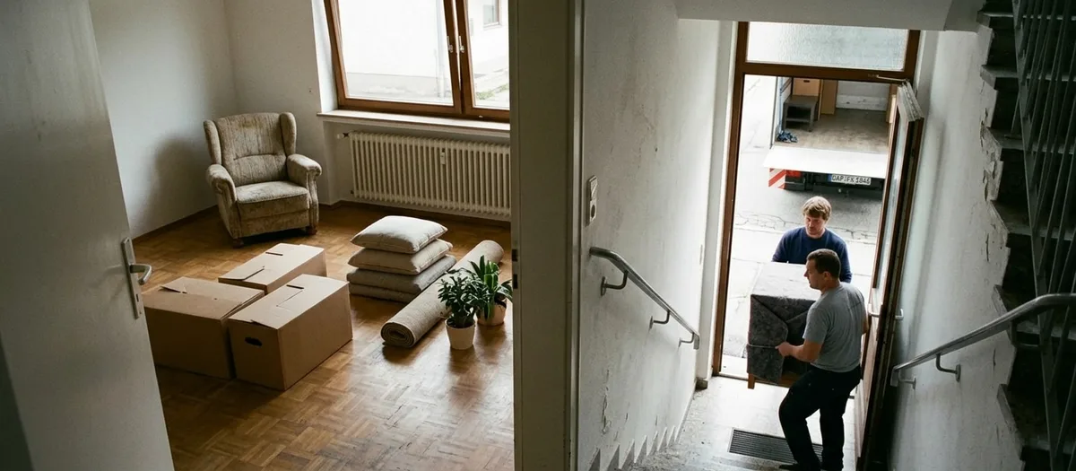 Fast leeres Wohnzimmer, der Hausrat liegt in drei Gruppen auf dem Boden, ein Sessel steht noch