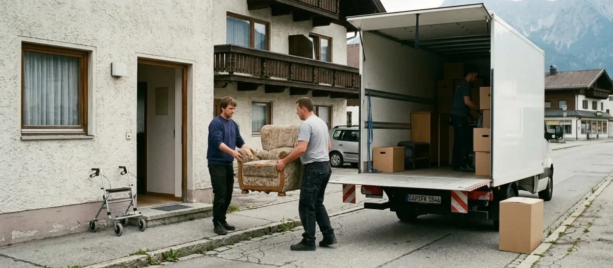 Ein Träger bringt einen alten Polstersessel aus einer Wohnungstür, daneben steht ein zusammengeklappter Rollator
