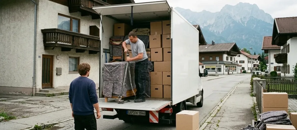 Bis unter das Dach beladener Umzugswagen, ein Träger zieht am Heck den letzten Gurt fest