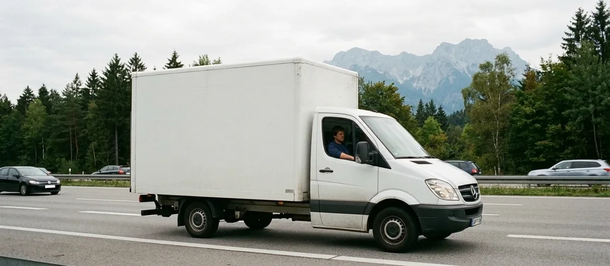 Umzugswagen auf einer dreispurigen Autobahn, von der Seite auf Augenhöhe