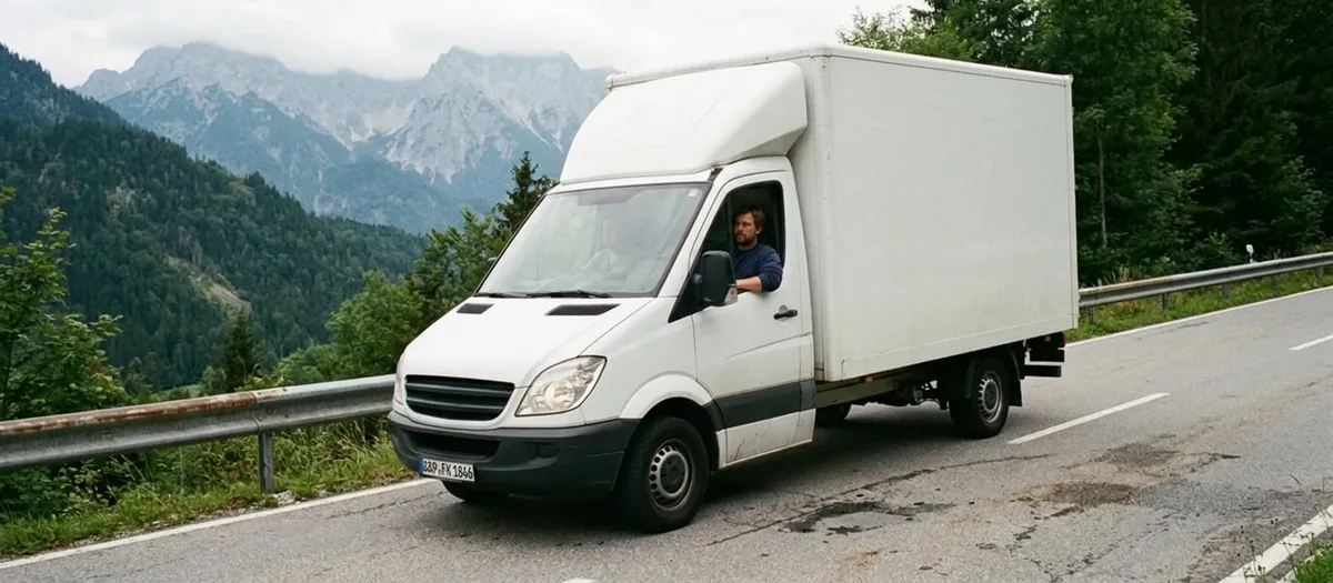 Umzugswagen auf einer zweispurigen Bergstraße entlang der Leitplanke, bewaldeter Hang daneben