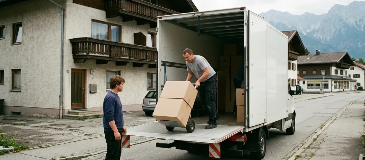 Der Fahrer schiebt eine beladene Sackkarre über die Ladebordwand in den Umzugswagen