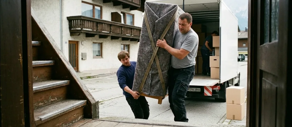 Zwei Träger schieben eine in Decken geschlagene Kommode über die Ladebordwand in den Möbelwagen