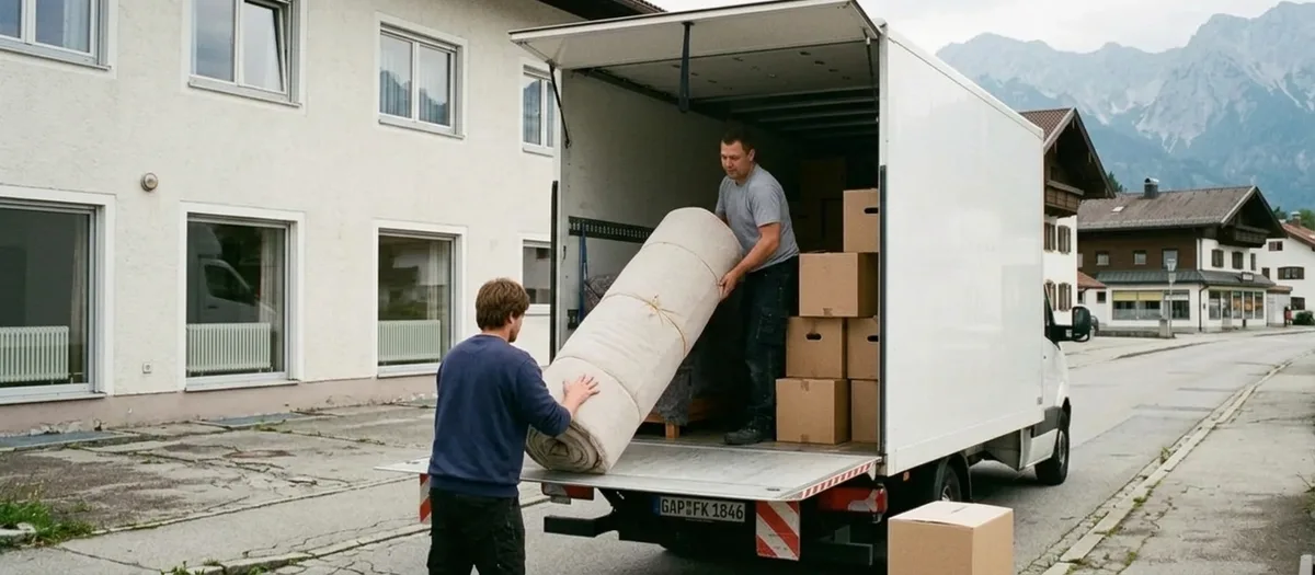 Eine gerollte Matratze und ein Dutzend Kartons werden in einen kleinen Transporter geladen